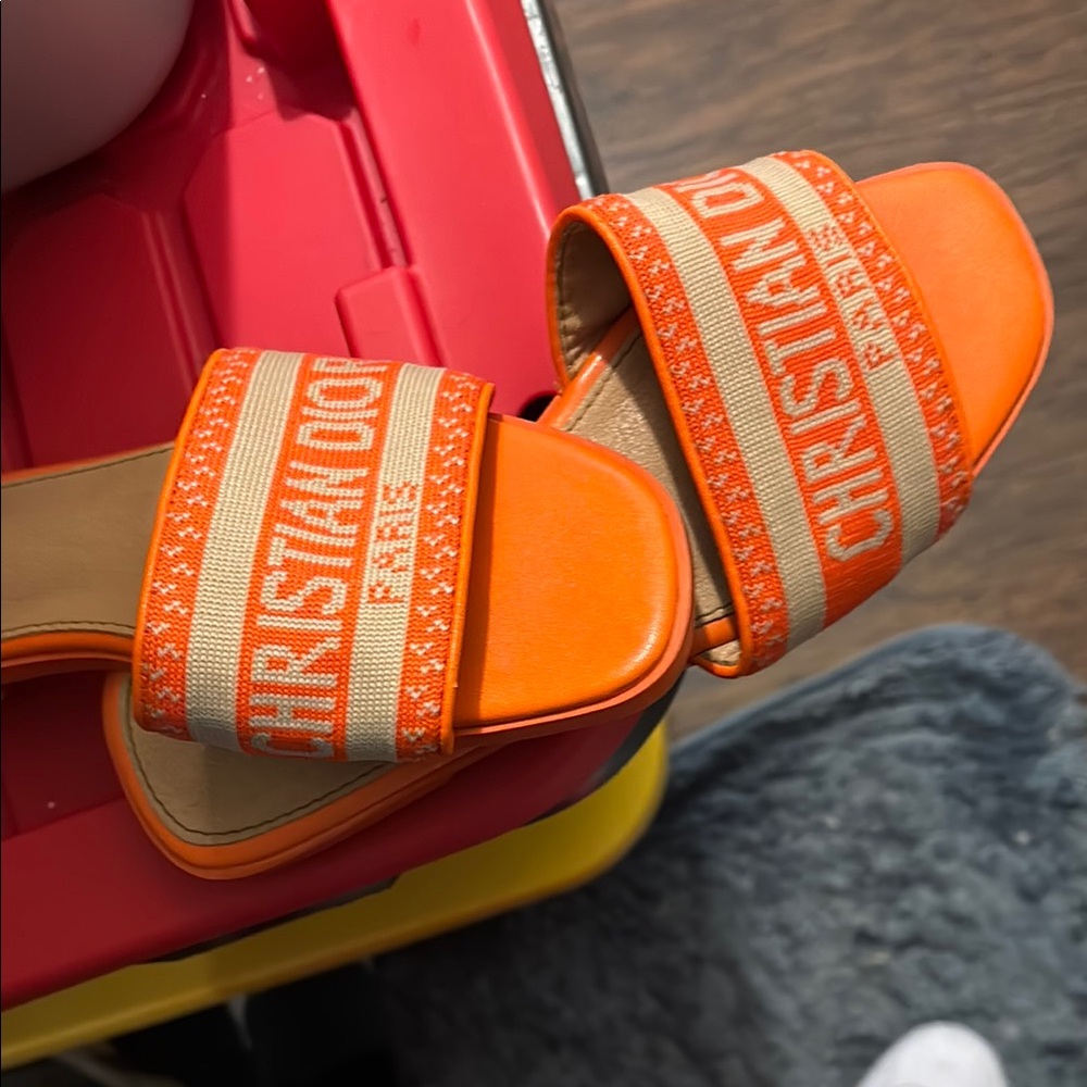 Dior Orange Canvas Logo Slide Sandals with Tan Footbed and Orange Trim - Picture 4 of 7
